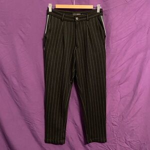 Zara Black Pinstripe Trousers with Green/Yellow Piping on Sides. Size S.